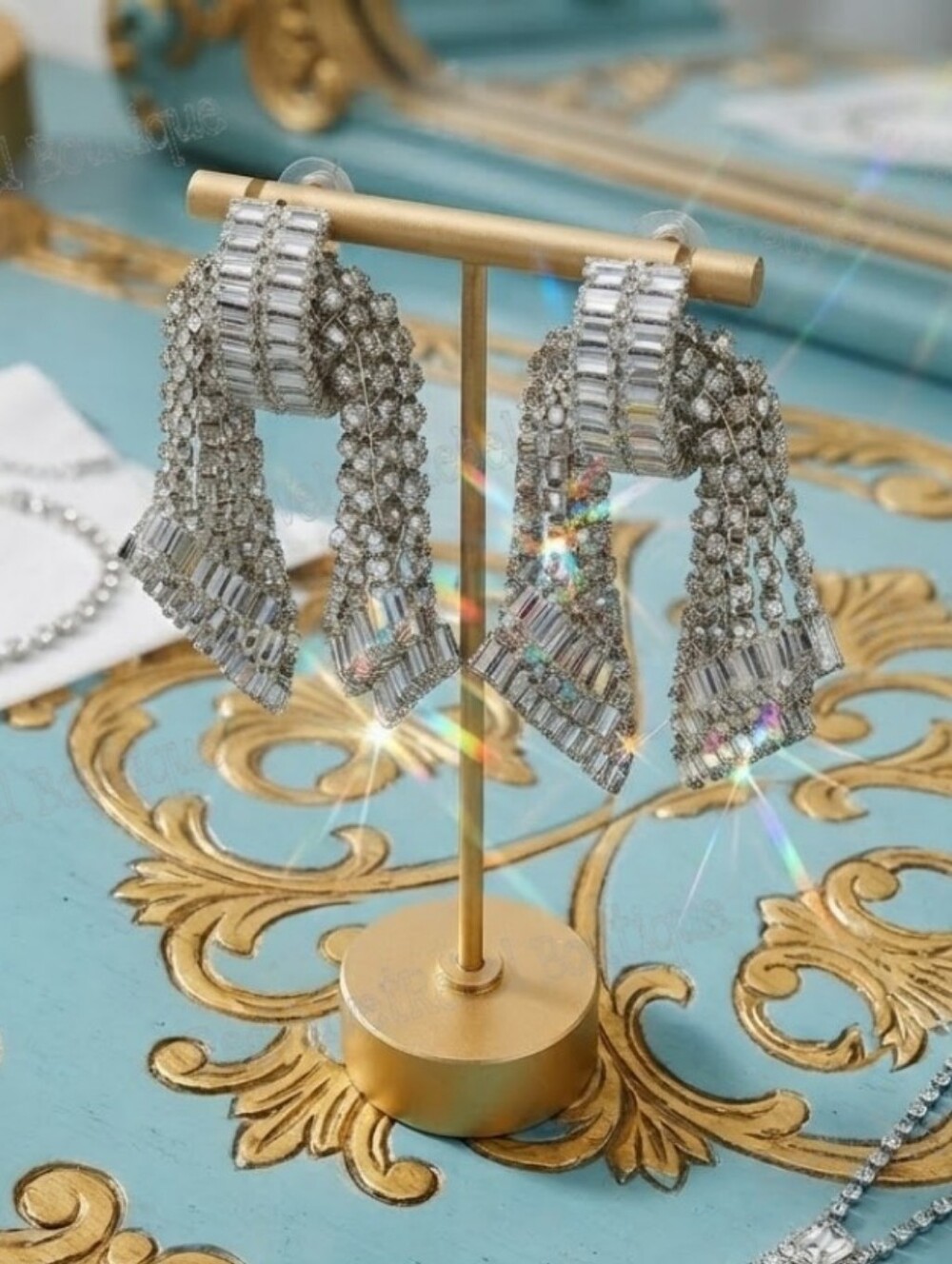 Estate AB Luxury Palace Chic Crystal Exaggerated Bow Silver Dangle Earrings